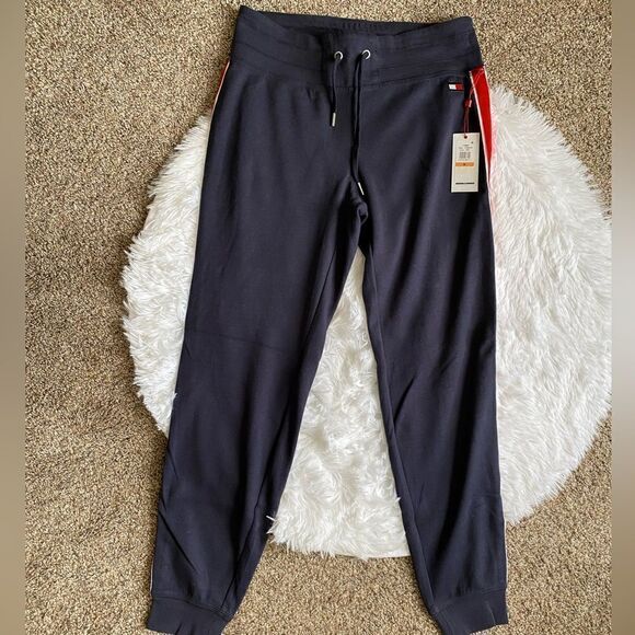 Tommy Hilfiger Sport Jogger Sweat Pants New Women Small Blue Red Velour Stripe - Picture 1 of 10